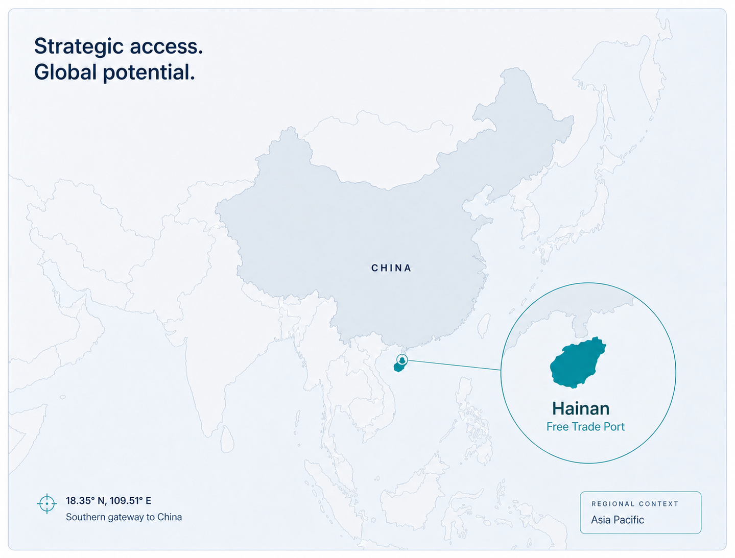 Map showing Hainan Free Trade Port at China's southern gateway within Asia